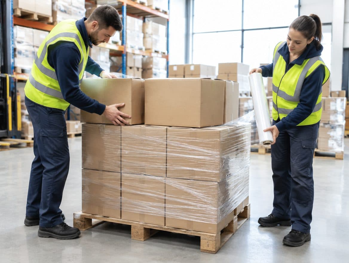 Dos trabajadores arman y envuelven un pallet de cajas para exportar